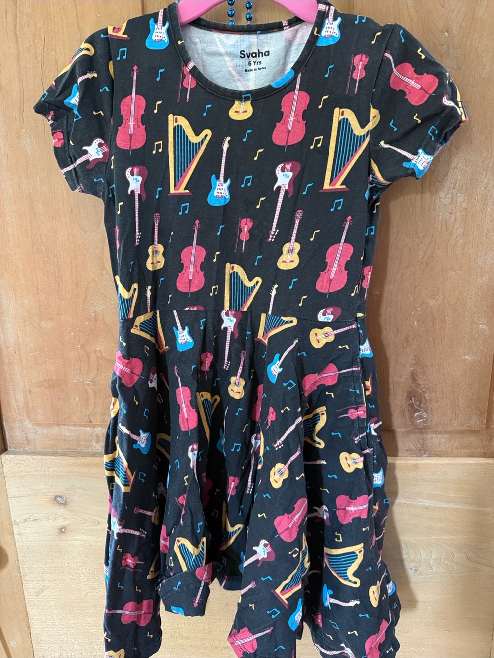 Svaha Music Instrument Print Girls Dress - Black with Red, Yellow, Blue